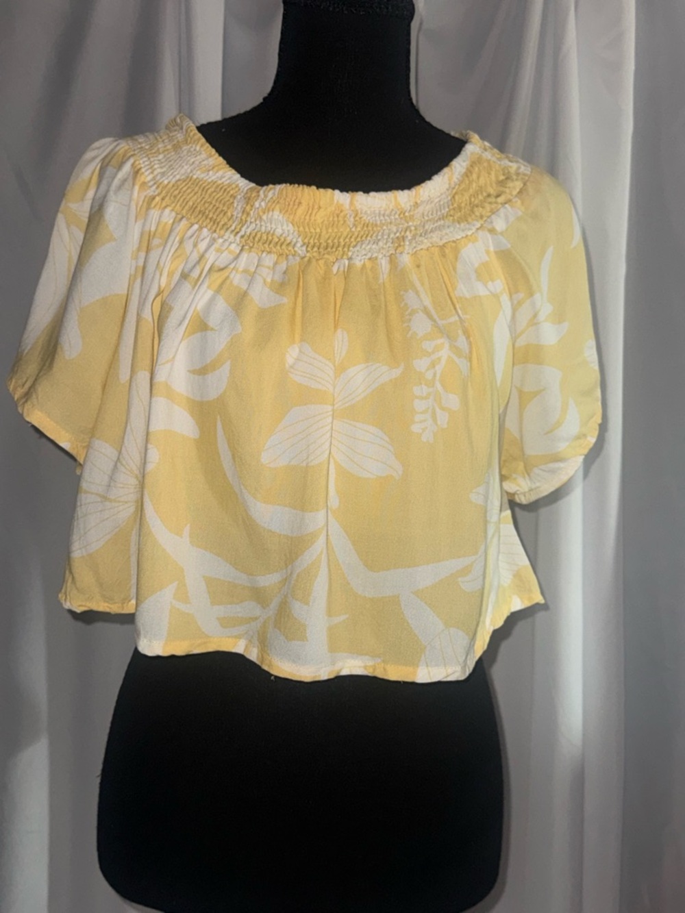 Smocked Off-Shoulder Yellow Floral Crop Top - Women's